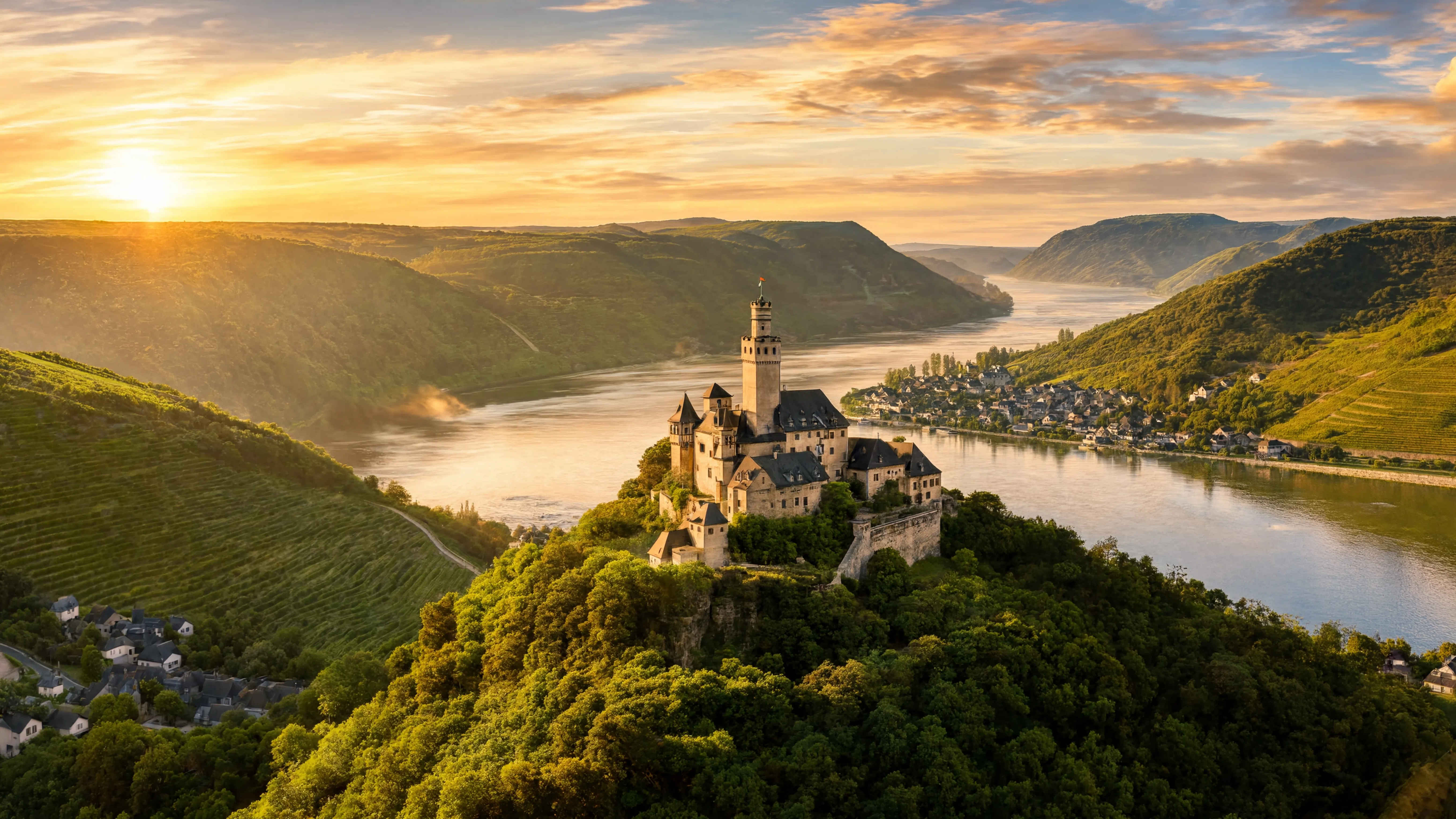 Romantisches Rheintal bei Sonnenuntergang — grüne Hügel und historische Burgen