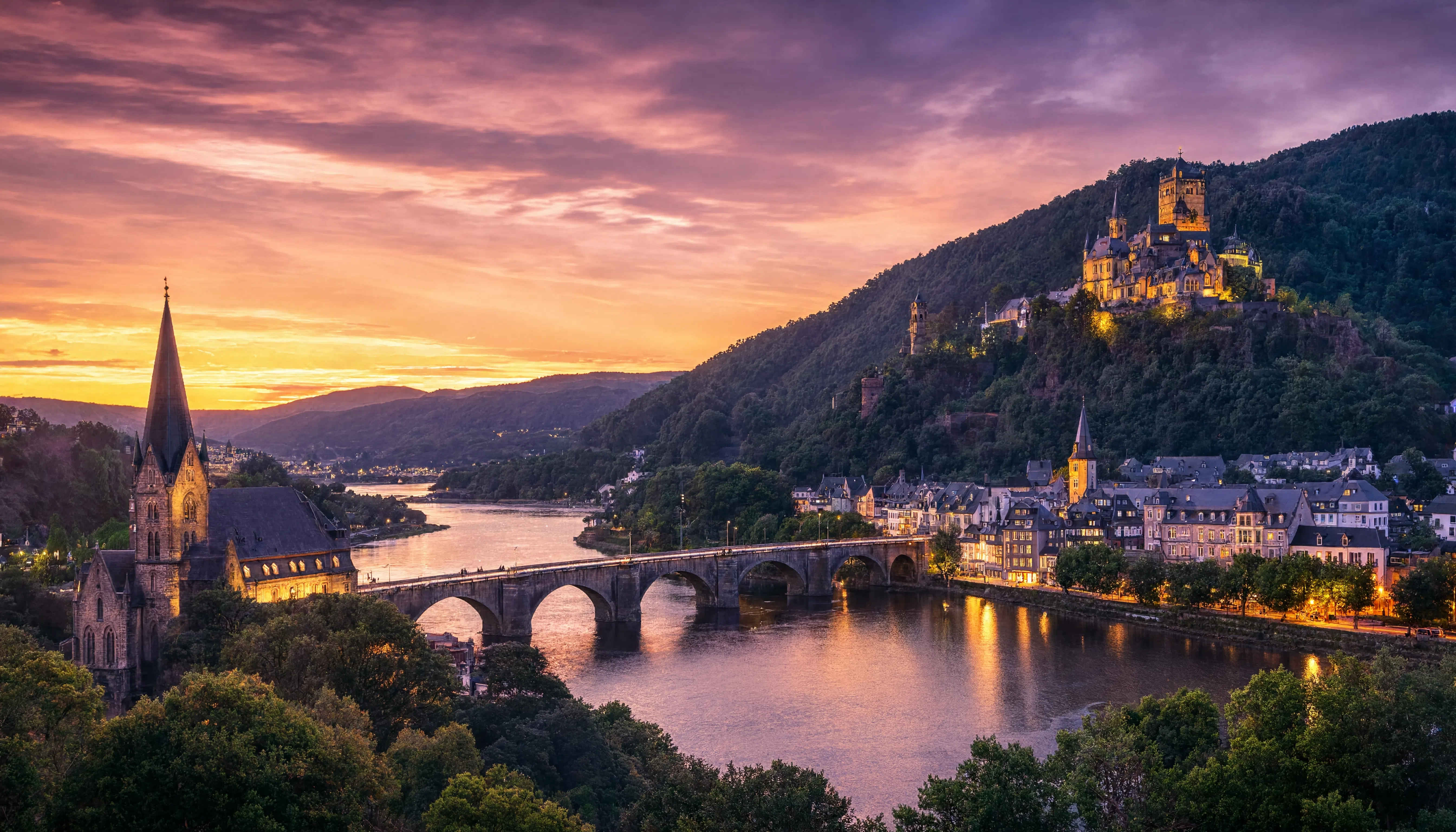 Panorama Deutschlands — malerische Landschaft mit Fluss, Wäldern und historischen Gebäuden